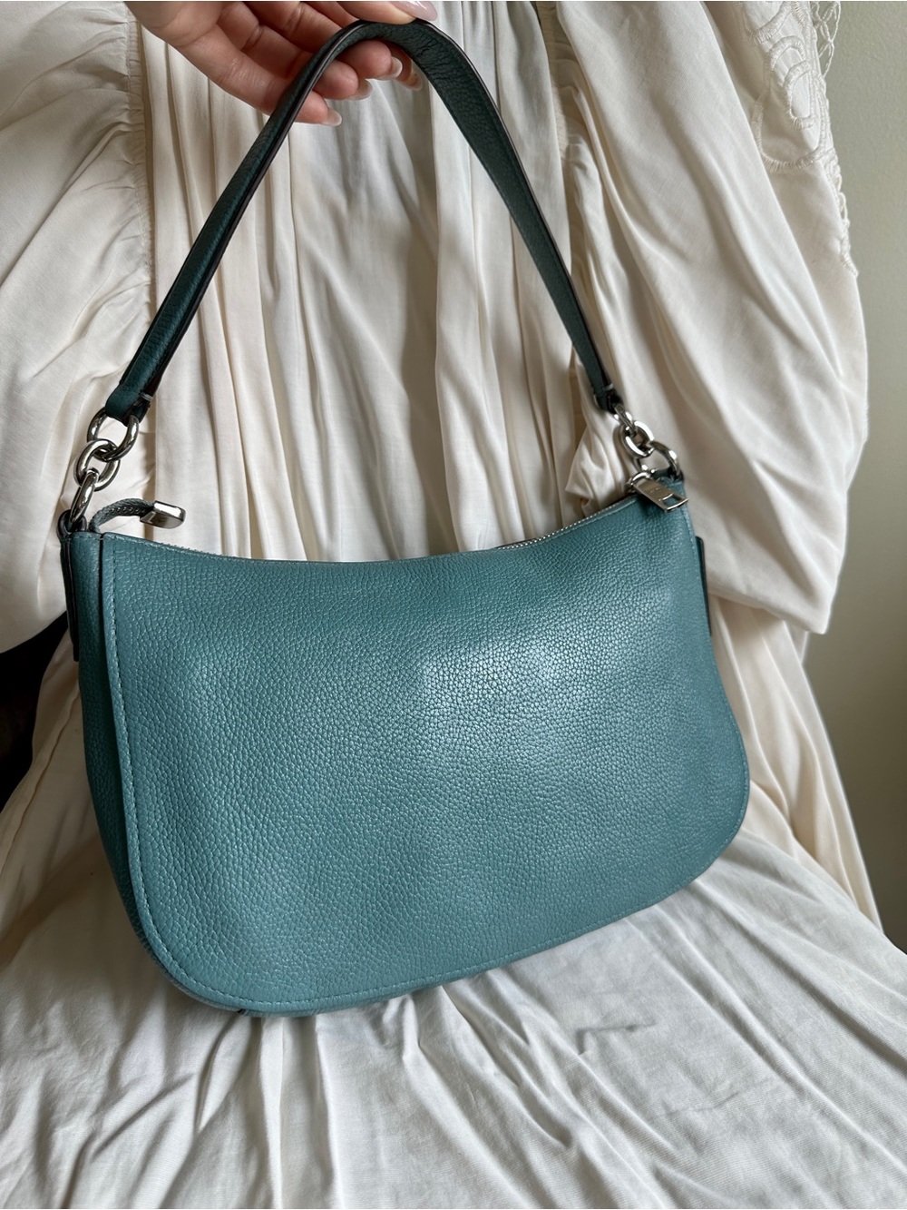 Coach Teal Pebbled Leather Shoulder Bag with Silver Hardware - Picture 9 of 16